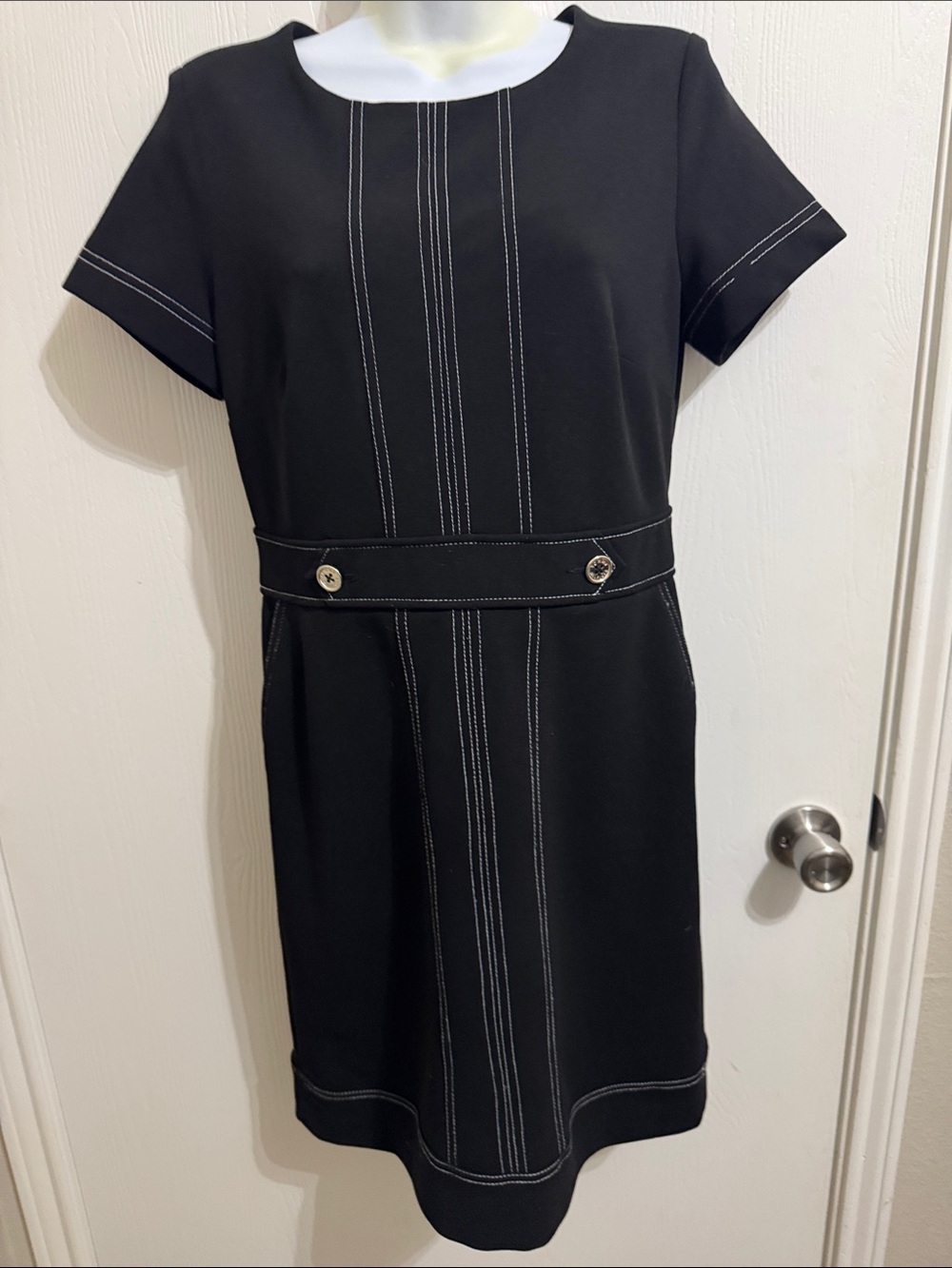 Tommy‎ Hilfiger Mini Sheath Dress White Contrast Stitching Short Sleeve Career